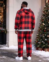 Large Size Men's Autumn And Winter Warm Red Check Characteristic Santa Claus Hoodie Sweatpants Set