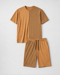 Big & Tall Men's Breathable Comfortable Khaki Line Printed Short Sleeve T-Shirt Shorts Set