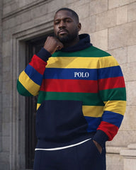 Large Size Men's Autumn And Winter Warm Rainbow Contrast Color Wide Stripe Printed Hoodie Sweatpants Set
