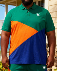 Big & Tall Men's Green & Orange & Blue Large Triangle Contrast Polo Shirt Shorts Set
