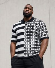 Big & Tall Men's Plaid & Stripe Stitching Positioning Printed Black & White Short-sleeved POLO Shirt Short-sleeved Shorts Set