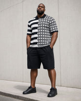 Big & Tall Men's Plaid & Stripe Stitching Positioning Printed Black & White Short-sleeved POLO Shirt Short-sleeved Shorts Set