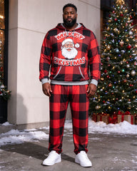 Large Size Men's Autumn And Winter Warm Red Check Characteristic Santa Claus Hoodie Sweatpants Set