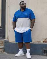 Big & Tall Men's Blue Large Stitching Simple Polo Shirt Short Sleeve Shorts Suit