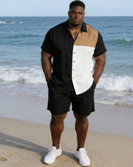 Men's Plus Size Black & Khaki & White Color Block Contrast Short Sleeve Shirt Shorts Set