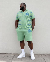 Big & Tall Men's Simple Daily Leisure Travel Business Vacation Green Striped POLO Shirt Short Sleeve Shorts Set