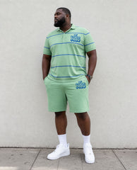 Big & Tall Men's Simple Daily Leisure Travel Business Vacation Green Striped POLO Shirt Short Sleeve Shorts Set