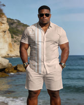 Big & Tall Men's Spring And Summer New Leisure Vacation Simple Retro Geometric Apricot Pink Short Sleeve Shirt Shorts Set