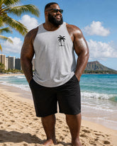 Big & Tall Men's Hawaiian Simple Casual Grey & Black Coconut Tree Silhouette Vest Shorts Set