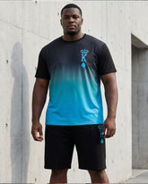 Big & Tall Men's Gradient Black & Blue Chest Crown KING Slogan Printed Short Sleeve T-Shirt Shorts Set
