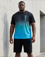 Big & Tall Men's Gradient Black & Blue Chest Crown KING Slogan Printed Short Sleeve T-Shirt Shorts Set