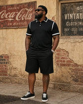 Big & Tall Men's Black & White Feature Contrast Design POLO Shirt Short Sleeve Shorts Set