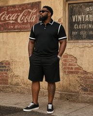 Big & Tall Men's Black & White Feature Contrast Design POLO Shirt Short Sleeve Shorts Set
