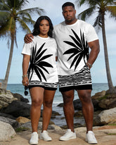 Big & Tall Spring And Summer New Valentine's Day Dating Party Party Holiday White Coconut Tree Silhouette Print Round Neck Short Sleeve T-Shirt Shorts Set Couple Dress