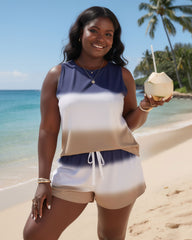 Summer Beach Vacation Simple Contrasting Color Blue & White & Khaki Plus-Size Women’s Tank Top And Shorts Set