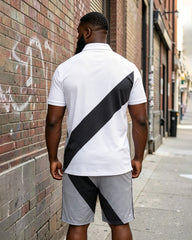 Big & Tall Men' Casual Daily White Irregular Stitching Short Sleeve POLO Shirt Shorts Set