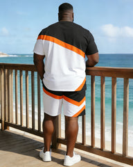 Large Size Men's Irregular Geometric Stitching Chest "king" Printed Short Sleeve T-shirt Shorts Set