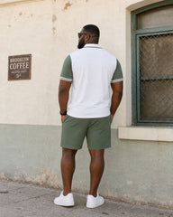 Big & Tall Men's Green & White Collar Sleeve Feature Patchwork POLO Shirt Short Sleeve Shorts Set
