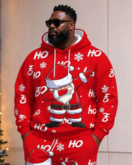Large Size Men's Autumn And Winter Warm Red Funny Santa Merry Christmas Printed Hoodie Sweatpants Set
