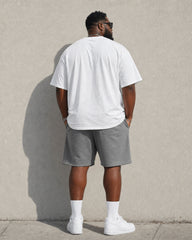Big & Tall Men's Fashion Street Simple Chest Rose Printed White & Grey Matching T-Shirt Shorts Set