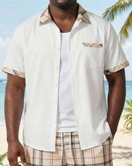 Big & Tall Men's Khaki Check Chest Patch Pocket Features Stitching Button Short Sleeve Shirt Shorts Set