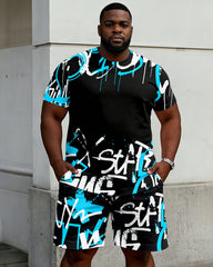 Big & Tall Men's Street Graffiti Black Short Sleeve T-Shirt Shorts Set