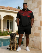 Black Linear Geometric Print Polo Shirt Shorts Set Large Size Men