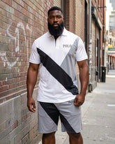 Big & Tall Men' Casual Daily White Irregular Stitching Short Sleeve POLO Shirt Shorts Set