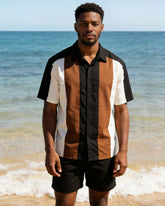 Large Size Men's 3 Color Contrast Simple Leisure Vacation Business Short Sleeve Shirt Shorts Set