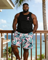Men's Plus Size Plant Print Black Vest Shorts Set