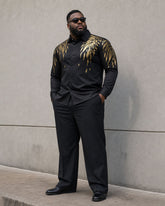 Big & Tall Men's Golden Wings Positioning Printing Business Fashion Long Sleeve Shirt Pants Set