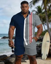 Big & Tall Men's Spring And Summer New Casual Vacation Simple Sparky Blue & Grey Striped Contrast Short Sleeve Shirt Shorts Set