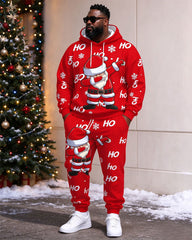 Large Size Men's Autumn And Winter Warm Red Funny Santa Merry Christmas Printed Hoodie Sweatpants Set