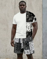 Big & Tall Men' Paisley Stitching Casual Short Sleeve T-Shirt Shorts Set