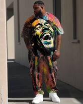 Men's Big & Tall Street Fashion Graffiti Tribute Singer Printed T-Shirt Trousers Set