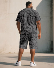 Big & Tall Men' Gray High-end Jacquard Street Pattern Short Sleeve T-shirt Shorts Set