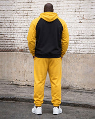 Large Size Men's Autumn And Winter Warm Sleeves Patchwork Yellow Printed Hoodie Sweatpants Set