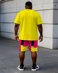 Big & Tall Men's Yellow Solid Color T-Shirt Graffiti Print Shorts Set
