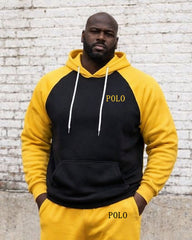 Large Size Men's Autumn And Winter Warm Sleeves Patchwork Yellow Printed Hoodie Sweatpants Set