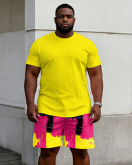Big & Tall Men's Yellow Solid Color T-Shirt Graffiti Print Shorts Set