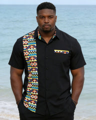 Men's Large Size Chest Patch Pocket Ethnic Pattern Stitching Printed Short Sleeve Shirt Shorts Suit