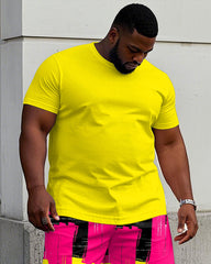 Big & Tall Men's Yellow Solid Color T-Shirt Graffiti Print Shorts Set