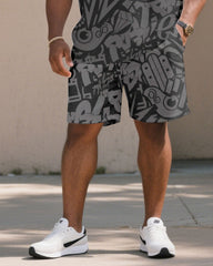 Big & Tall Men' Gray High-end Jacquard Street Pattern Short Sleeve T-shirt Shorts Set