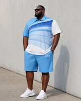 Big & Tall Men's Blue & White Gradual Gradual Gradual Change Casual Sports POLO Shirt Short Sleeve Shorts Set