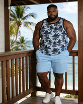 Leaves Quartet Continuous Print Blue Vest Shorts Set Large Size Men