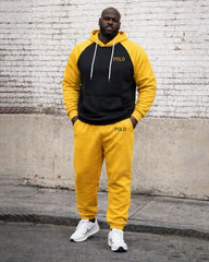 Large Size Men's Autumn And Winter Warm Sleeves Patchwork Yellow Printed Hoodie Sweatpants Set