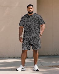 Big & Tall Men' Gray High-end Jacquard Street Pattern Short Sleeve T-shirt Shorts Set