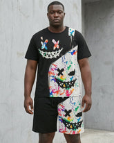 Big & Tall Men' Graffiti Funny Face Street T-shirt Shorts Set