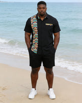 Men's Large Size Chest Patch Pocket Ethnic Pattern Stitching Printed Short Sleeve Shirt Shorts Suit