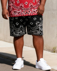 Big & Tall Men's Black And Red Gradient Paisley HUSTLE Printed Round Neck Short Sleeve T-Shirt Shorts Set